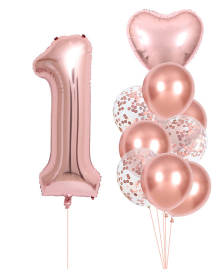 Set 10 Baloane Folie si Latex, Tematica Aniversare, Baloane Latex 25cm, Figurina Inimioara 45 cm, Cifra 1 de 81 cm, Ambalaj Individual, Pai