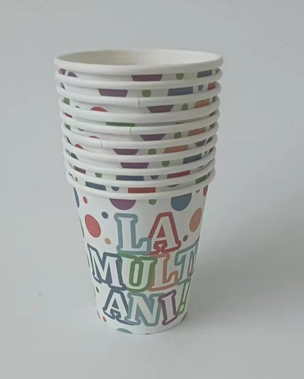 Set 10 Pahare, Imprimeu La Multi Ani, din Carton, 250 ml, 7 x 8.5 x 5 cm