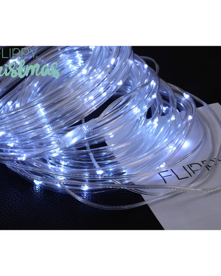 Instalatie luminoasa de Craciun tip furtun luminos, 100 LED-uri, 12 metri lungime, 8 programe, 2 metri prelungitor, sarma din cupru, incarcare solara