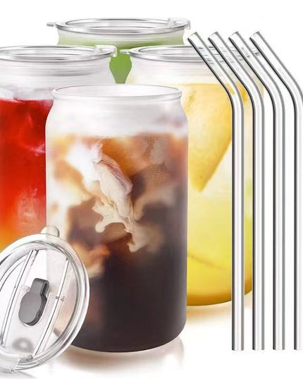 4 Pahare din Sticla, Capace din Plastic si Paie Incluse, 500 mL, Transparente