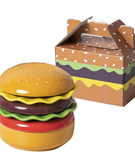 Set Farfurii Ceramice sub Forma de Burger, din Ceramica, pentru Sosuri si Gustari, Mini Farfurii Stivuibile