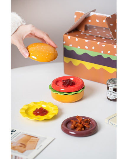 Set Farfurii Ceramice sub Forma de Burger, din Ceramica, pentru Sosuri si Gustari, Mini Farfurii Stivuibile