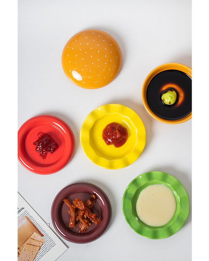 Set Farfurii Ceramice sub Forma de Burger, din Ceramica, pentru Sosuri si Gustari, Mini Farfurii Stivuibile