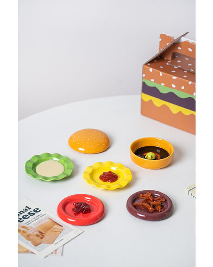 Set Farfurii Ceramice sub Forma de Burger, din Ceramica, pentru Sosuri si Gustari, Mini Farfurii Stivuibile