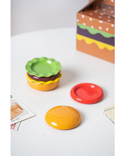 Set Farfurii Ceramice sub Forma de Burger, din Ceramica, pentru Sosuri si Gustari, Mini Farfurii Stivuibile