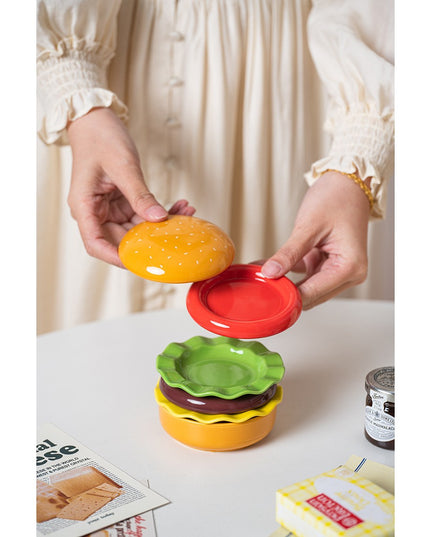 Set Farfurii Ceramice sub Forma de Burger, din Ceramica, pentru Sosuri si Gustari, Mini Farfurii Stivuibile