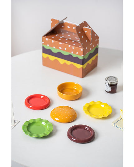 Set Farfurii Ceramice sub Forma de Burger, din Ceramica, pentru Sosuri si Gustari, Mini Farfurii Stivuibile