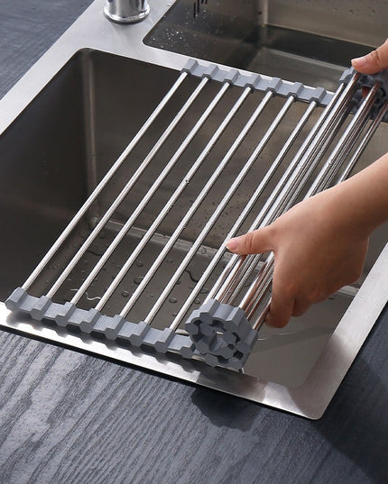 Covoras de Scurgere pentru Chiuveta Bucatarie, din Otel Inoxidabil, Suport Chiuveta, Pliabil, Antiderapant, Usor de Curatat si de Depozitat,15 Tuburi