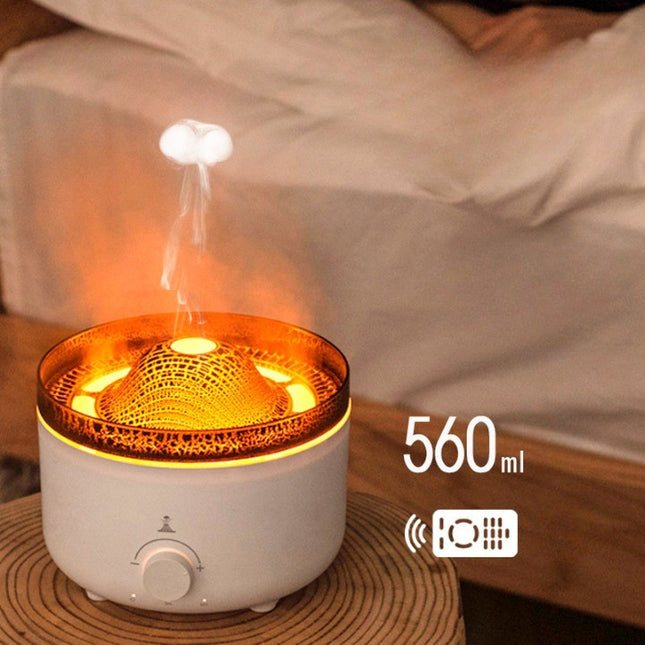Umidificator de tip vulcan, cu aromaterapie, cu telecomanda, 560 ml, model V21A