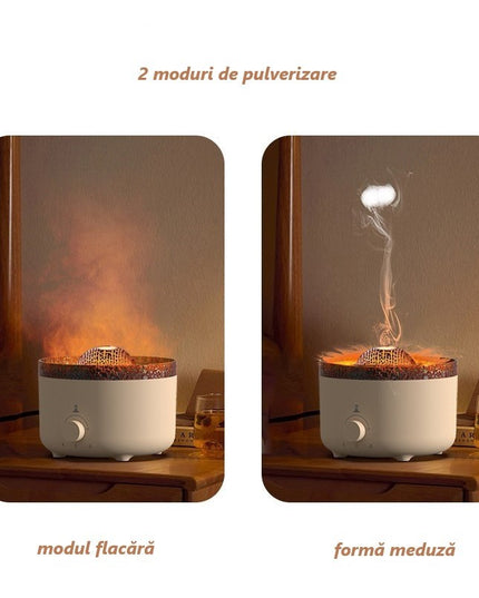 Umidificator de tip vulcan, cu aromaterapie, cu telecomanda, 560 ml, model V21A