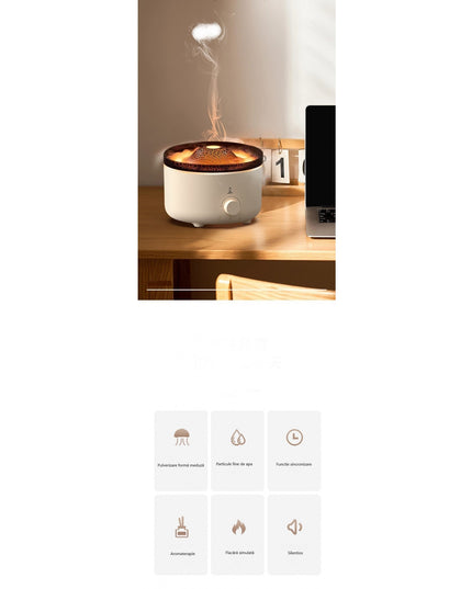 Umidificator de tip vulcan, cu aromaterapie, cu telecomanda, 560 ml, model V21A