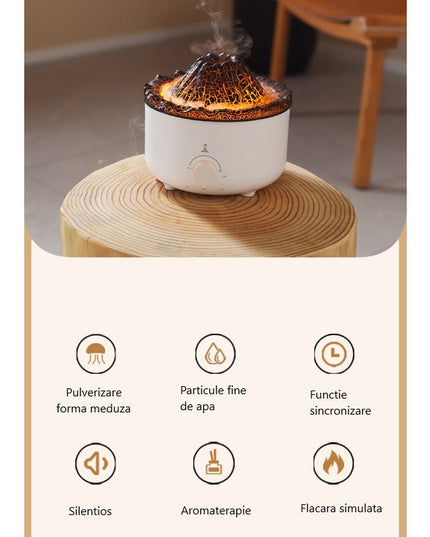 Umidificator de tip vulcan, cu aromaterapie, cu telecomanda, 560 ml, model V21B