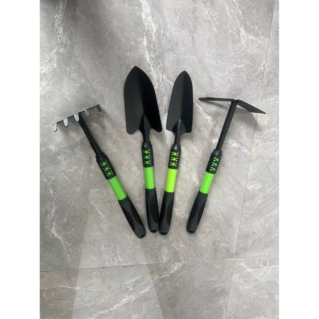 Set 4 Unelte de Gradina pentru Plantare, Prelucrare Sol si Ingrijire Plante, Material PVC Carbon, Grebla, Sapaliga cu Cap Dublu, Lopata Mica, Lopata Lata, 43 x 11 cm, /