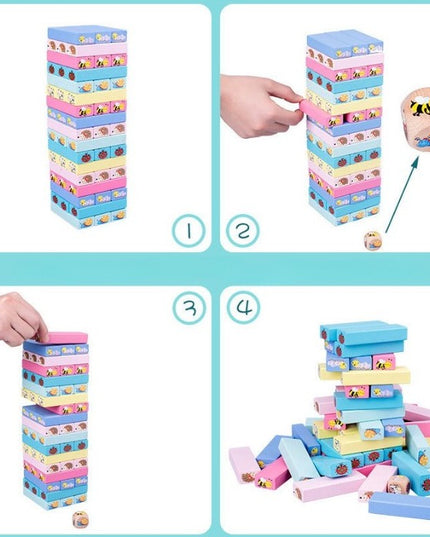 Joc de Societate, pentru Copii, din Lemn, Interactiv, Distractiv, Jenga Stack High Blocks, cu Zar, 51 de Piese Animate, 24.5x18x5 cm