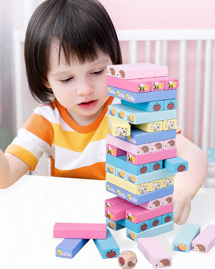 Joc de Societate, pentru Copii, din Lemn, Interactiv, Distractiv, Jenga Stack High Blocks, cu Zar, 51 de Piese Animate, 24.5x18x5 cm