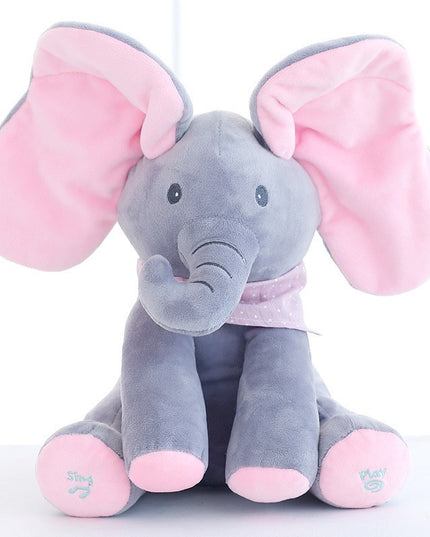 Jucarie Interactiva pentru Copii, Elefantel Peek-a-boo, Muzica, Misca Urechile, Alimentare cu Baterii, 30 cm, -