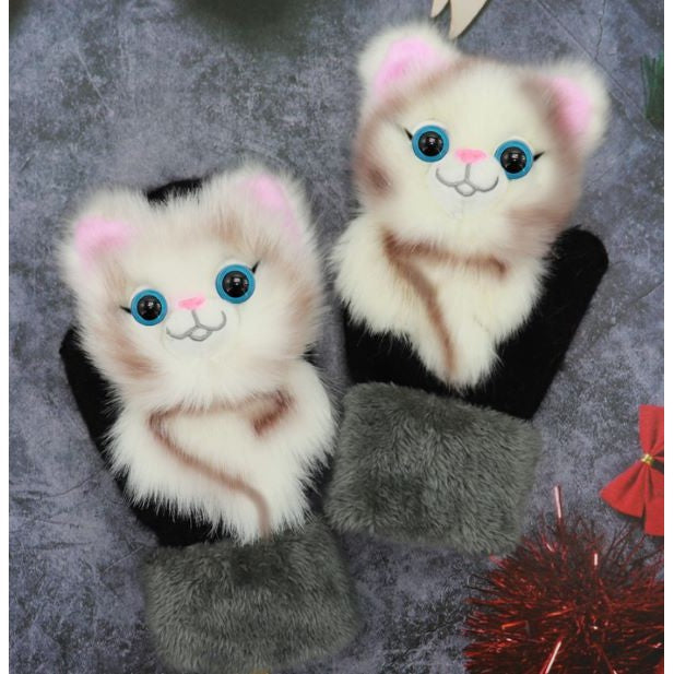 Manusi de Plus pentru Copii, de Iarna, Groase, Moi, Calduroase, Model Animat Pisica
