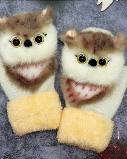 Manusi de Plus pentru Copii, de Iarna, Groase, Moi, Calduroase, Model Animat Bufnita Alba