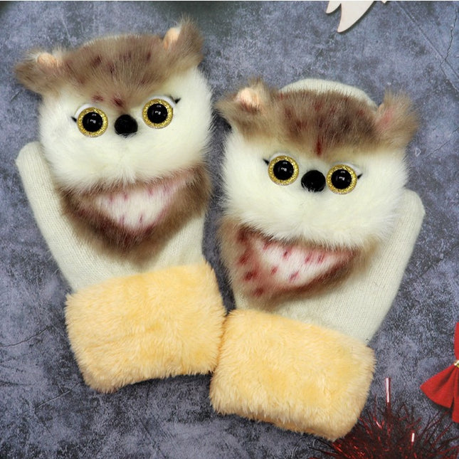 Manusi de Plus pentru Copii, de Iarna, Groase, Moi, Calduroase, Model Animat Bufnita Alba