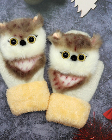 Manusi de Plus pentru Copii, de Iarna, Groase, Moi, Calduroase, Model Animat Bufnita Alba