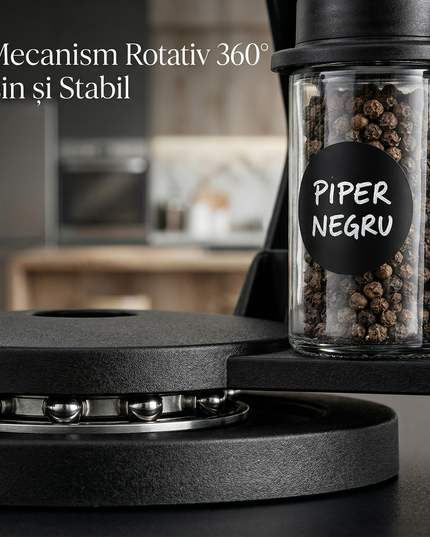 Organizator Condimente Rotativ 360°, suport ABS, 18 borcane din sticlă, ușor de montat