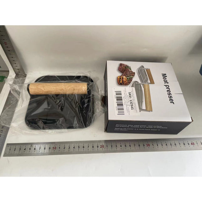 Presa Manuala pentru Carne, din Aliaj de Aluminiu, Maner din Lemn, Presa pentru Burgeri, Usor de Curatat si Folosit, Patrata,Neagra