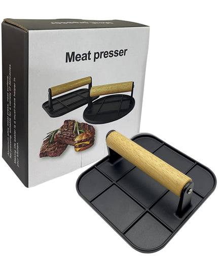Presa Manuala pentru Carne, din Aliaj de Aluminiu, Maner din Lemn, Presa pentru Burgeri, Usor de Curatat si Folosit, Patrata,Neagra