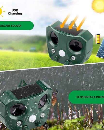 Aparat Solar LED cu Ultrasunete, Repelent pentru Animale Mari si Mici, Lumina Rosie si Alba, Anti Rozatoare, Anti Insecte