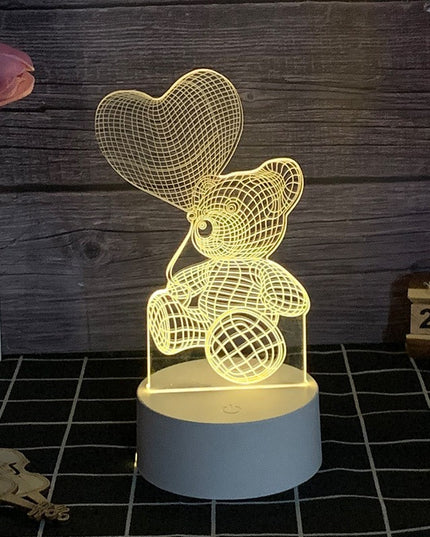 Lampa LED decorativa, 3D, Ursulet cu balon inima, cu telecomanda, doua moduri de alimentare USB si baterii, inaltime, din material acril si lumina multicolora