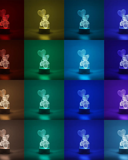 Lampa LED decorativa, 3D, Ursulet cu balon inima, cu telecomanda, doua moduri de alimentare USB si baterii, inaltime, din material acril si lumina multicolora