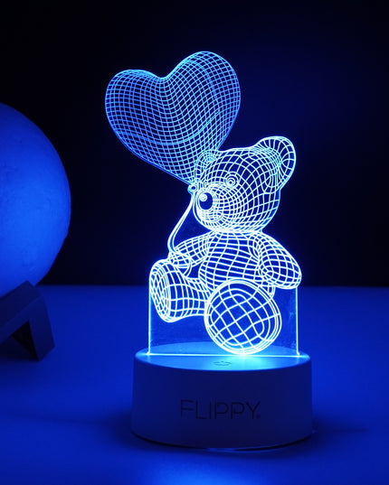 Lampa LED decorativa, 3D, Ursulet cu balon inima, cu telecomanda, doua moduri de alimentare USB si baterii, inaltime, din material acril si lumina multicolora