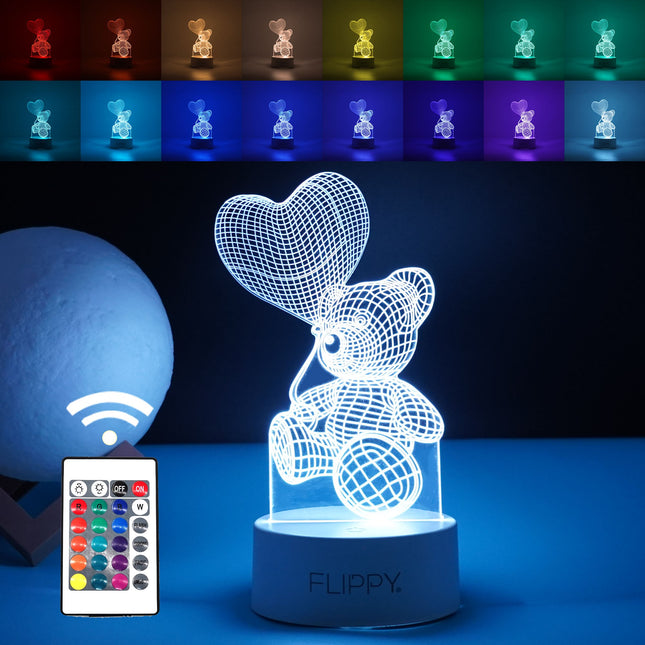 Lampa LED decorativa, 3D, Ursulet cu balon inima, cu telecomanda, doua moduri de alimentare USB si baterii, inaltime, din material acril si lumina multicolora