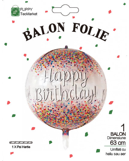 Balon din Folie Metalizata, Figurina Rotunda 4D, Model Happy Birthday, Tema Aniversare,Ambalaj Individual, Pai inclus, Umflare cu Aer sau Heliu