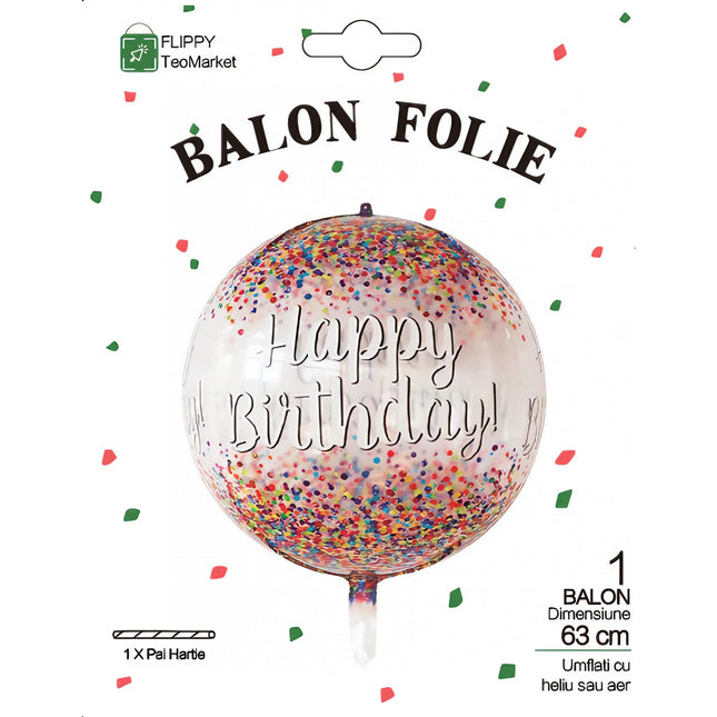 Balon din Folie Metalizata, Figurina Rotunda 4D, Model Happy Birthday, Tema Aniversare,Ambalaj Individual, Pai inclus, Umflare cu Aer sau Heliu