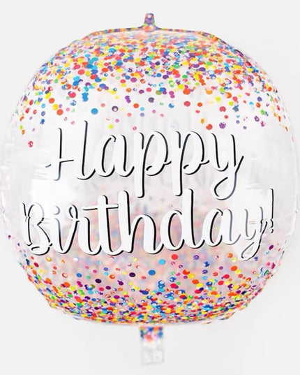 Balon din Folie Metalizata, Figurina Rotunda 4D, Model Happy Birthday, Tema Aniversare,Ambalaj Individual, Pai inclus, Umflare cu Aer sau Heliu
