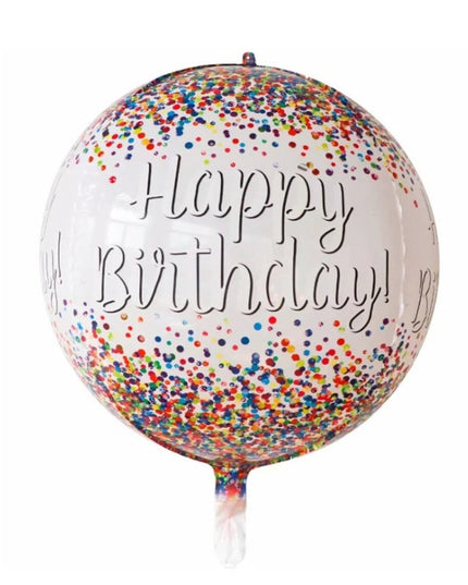 Balon din Folie Metalizata, Figurina Rotunda 4D, Model Happy Birthday, Tema Aniversare,Ambalaj Individual, Pai inclus, Umflare cu Aer sau Heliu