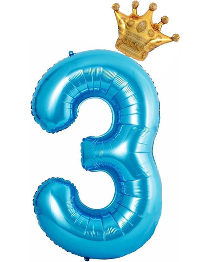 Balon din Folie Metalizata Figurina Cifra si Coroana, Tema Aniversare 100 cm, Ambalaj Individual, Pai inclus, Umflare cu Aer sau Heliu,Cifra 3