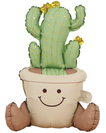 Balon din Folie Metalizata, Figurina Animata, Model Ghivechi Cactus,Ambalaj Individual, Pai Inclus, Umflare cu Aer sau Heliu