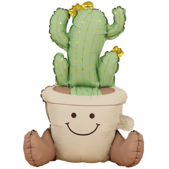 Balon din Folie Metalizata, Figurina Animata, Model Ghivechi Cactus,Ambalaj Individual, Pai Inclus, Umflare cu Aer sau Heliu