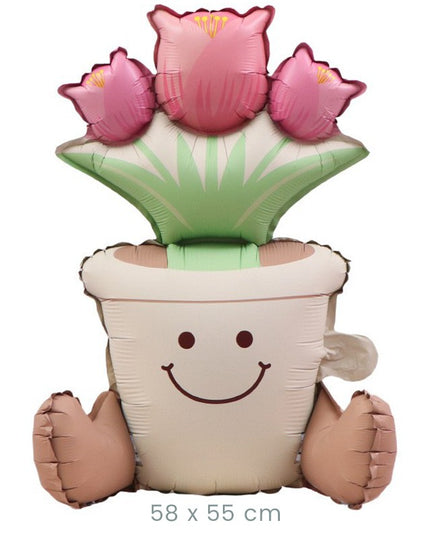 Balon din Folie Metalizata, Figurina Animata, Model Ghiveci de Flori,Ambalaj Individual, Pai Inclus, Umflare cu Aer sau Heliu