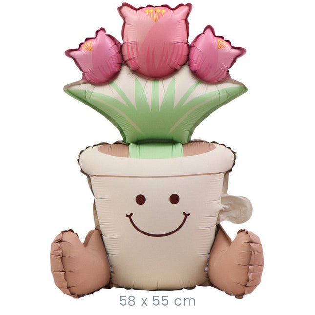 Balon din Folie Metalizata, Figurina Animata, Model Ghiveci de Flori,Ambalaj Individual, Pai Inclus, Umflare cu Aer sau Heliu