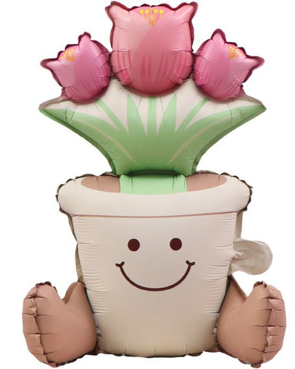 Balon din Folie Metalizata, Figurina Animata, Model Ghiveci de Flori,Ambalaj Individual, Pai Inclus, Umflare cu Aer sau Heliu