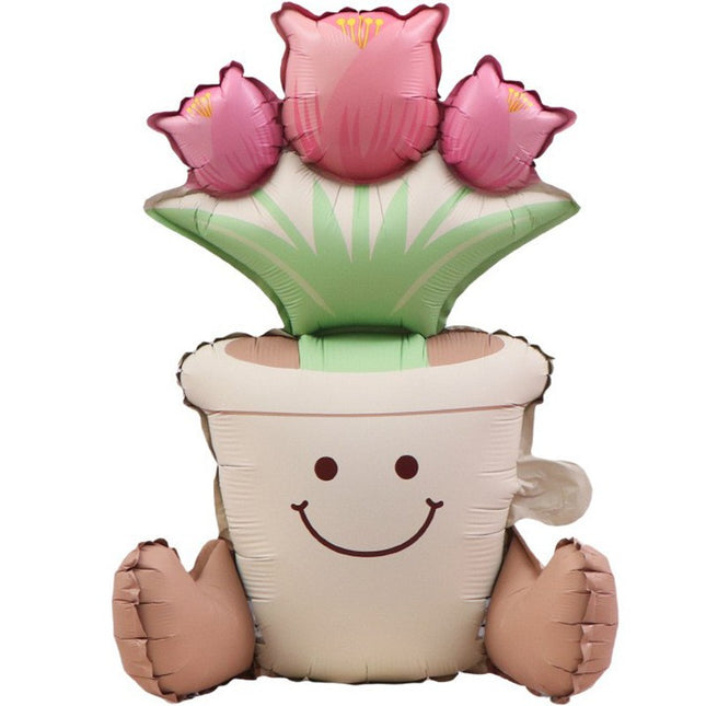 Balon din Folie Metalizata, Figurina Animata, Model Ghiveci de Flori,Ambalaj Individual, Pai Inclus, Umflare cu Aer sau Heliu