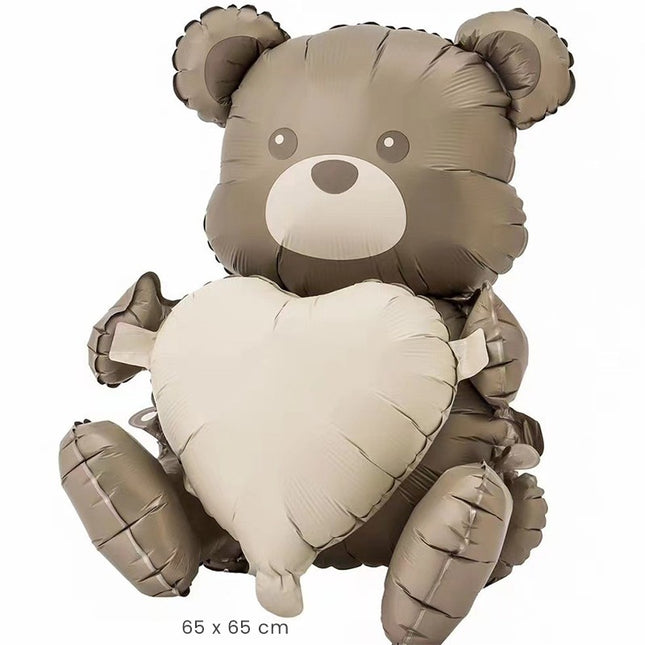Balon din Folie Metalizata, Figurina Animata, Model Ursulet cu Inima,Ambalaj Individual, Pai Inclus, Umflare cu Aer sau Heliu