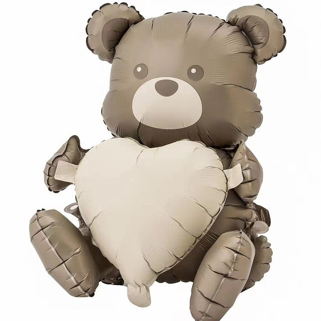 Balon din Folie Metalizata, Figurina Animata, Model Ursulet cu Inima,Ambalaj Individual, Pai Inclus, Umflare cu Aer sau Heliu