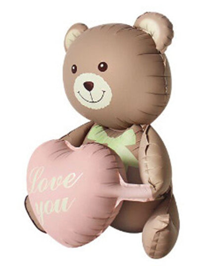 Balon din Folie Metalizata, Figurina Animata, Model Ursulet cu Inimioare,Ambalaj Individual, Pai Inclus, Umflare cu Aer sau Heliu