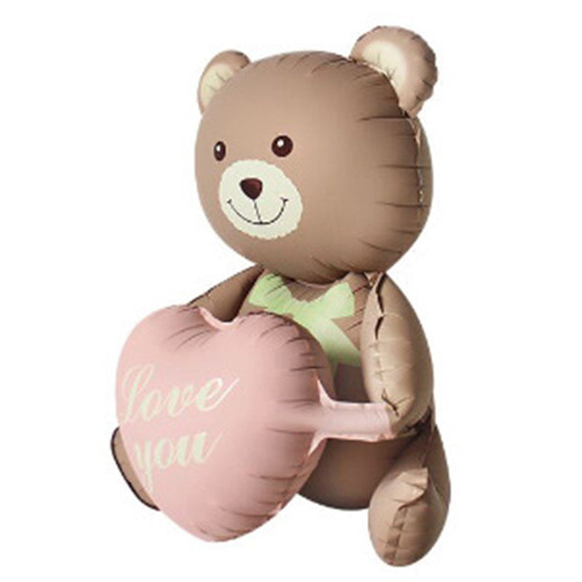 Balon din Folie Metalizata, Figurina Animata, Model Ursulet cu Inimioare,Ambalaj Individual, Pai Inclus, Umflare cu Aer sau Heliu