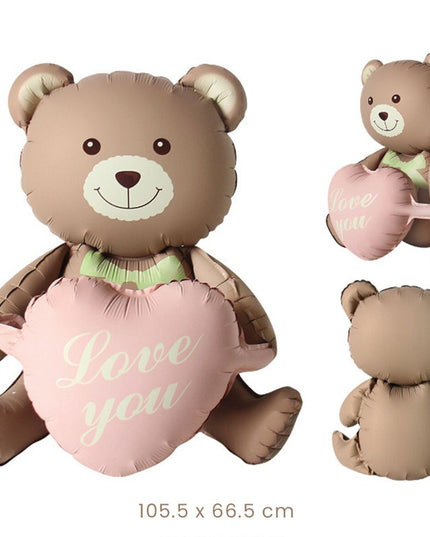 Balon din Folie Metalizata, Figurina Animata, Model Ursulet cu Inimioare,Ambalaj Individual, Pai Inclus, Umflare cu Aer sau Heliu