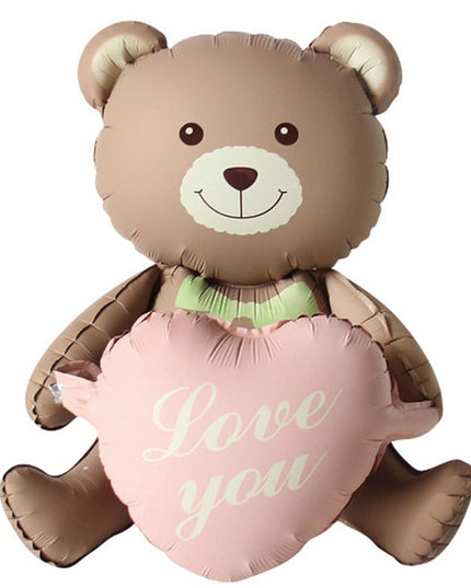 Balon din Folie Metalizata, Figurina Animata, Model Ursulet cu Inimioare,Ambalaj Individual, Pai Inclus, Umflare cu Aer sau Heliu