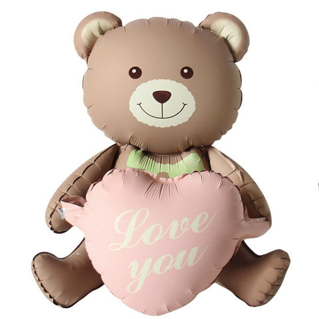 Balon din Folie Metalizata, Figurina Animata, Model Ursulet cu Inimioare,Ambalaj Individual, Pai Inclus, Umflare cu Aer sau Heliu